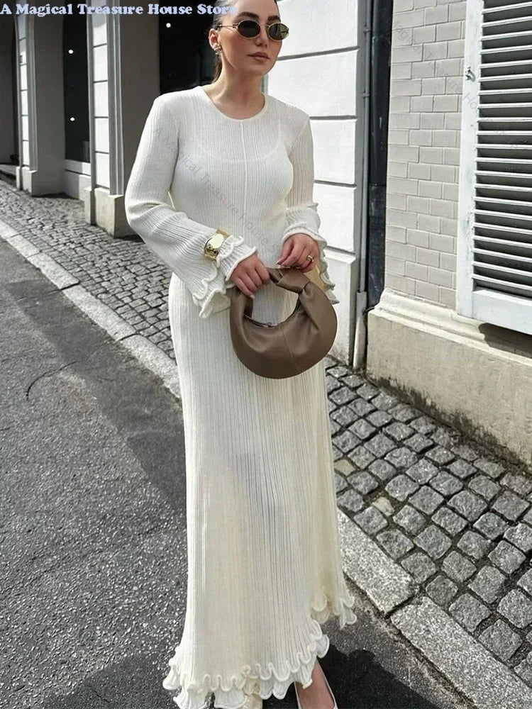 Fashion Ruffled Hem Knitted Long Dress Women Sexy O Neck Flare Long Sleeve Backless Lace Up Slim Dresses Female Vacation Robes