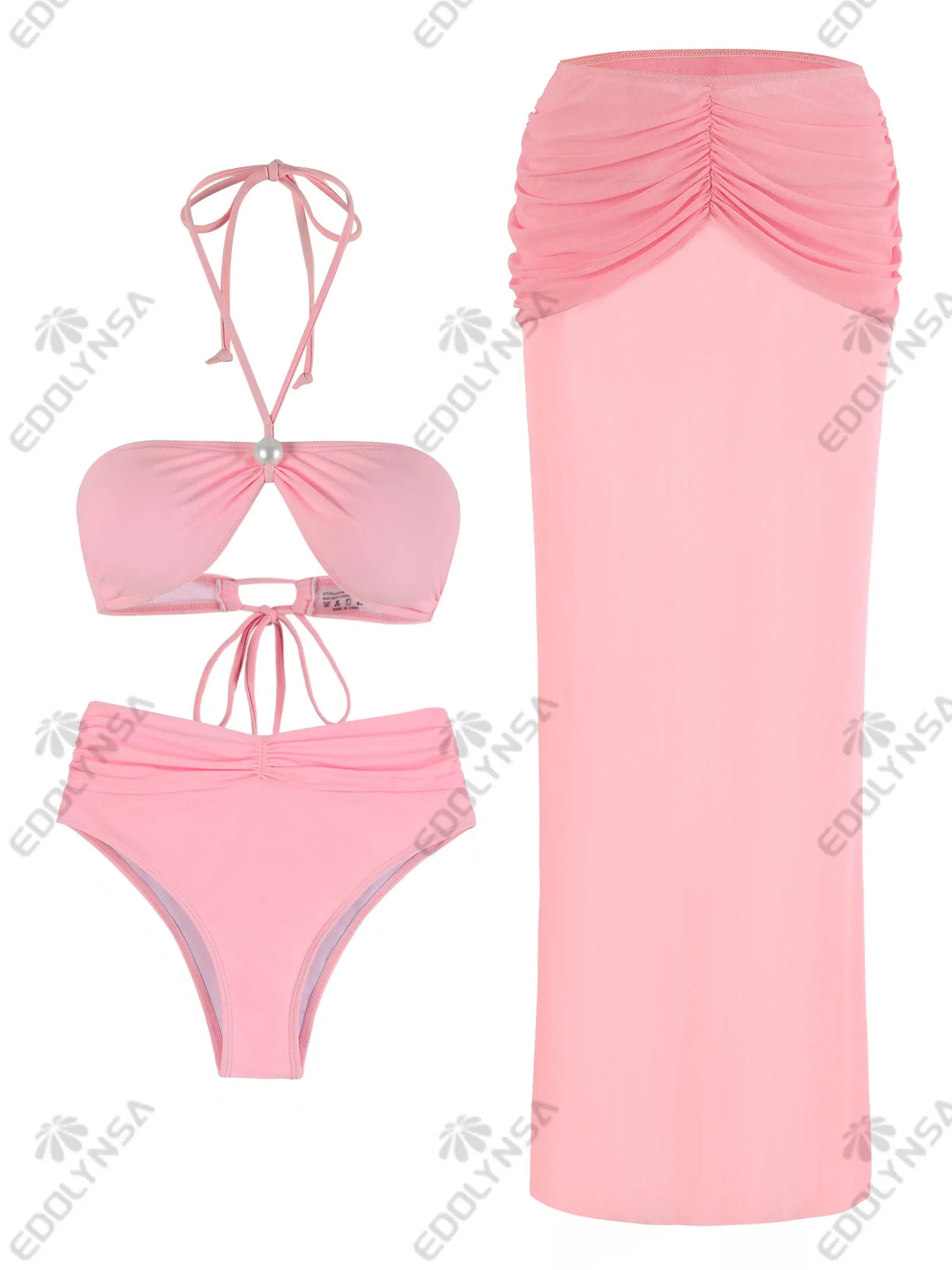 3 Piece Bikini Set 2025 Sexy Pink Swimwear Halter Bathing Suit with Sheer Skirt Beachwear Female Vacation Dresses Swimsuit K193