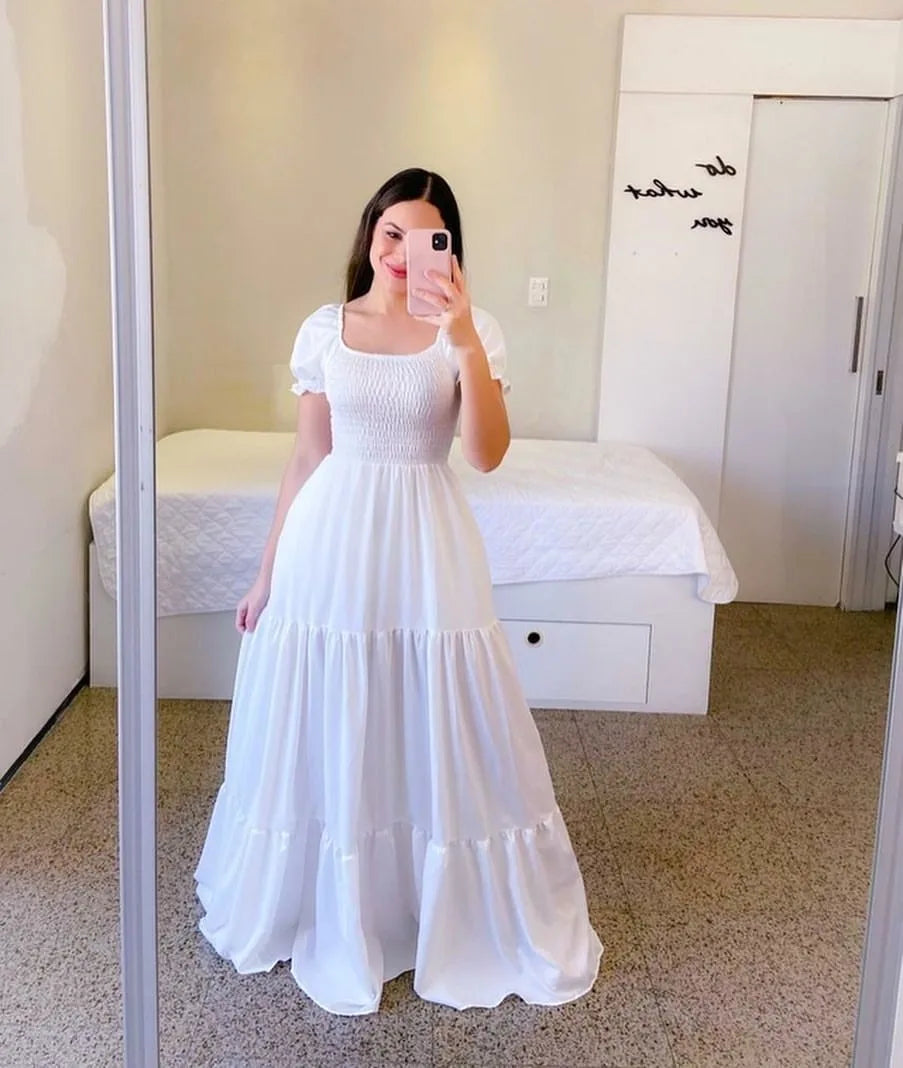 2025 Spring Summer New Women Closing Solid Color Square Collar Short Sleeve Long Dress Vestidos Largos vestidos verano moda 2024