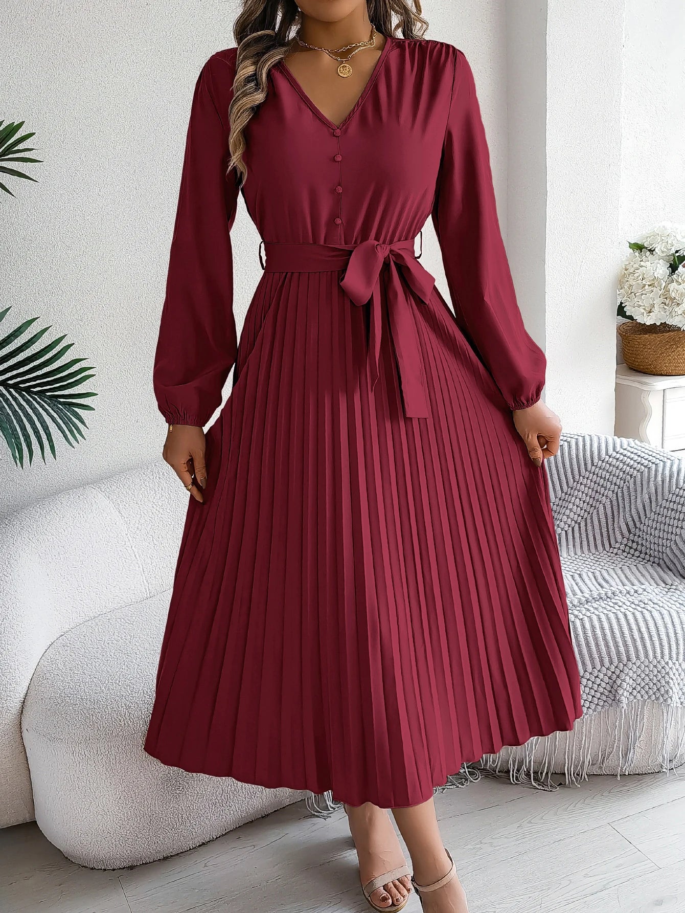 Autumn Winter Elegant V-Neck Button Belt Long Sleeved Solid Color Pleated Long Dress For Women Dresses