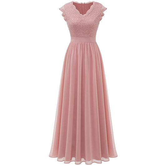 Elegant Women's Party Bridesmaid Long Dress Lace Patchwork Chiffon Sleeveless Wedding V Neck One Piece Formal Party Midi Dress