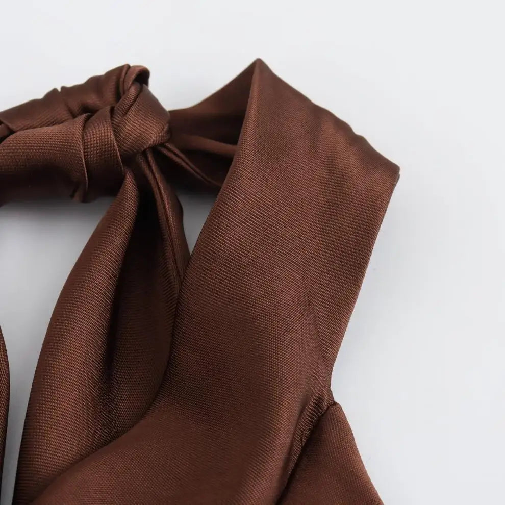 Halter Satin Long Dress Women Tied Backless Brown Midi Dress Summer Off Shoulder Party Dresses Pleated Evening Dress