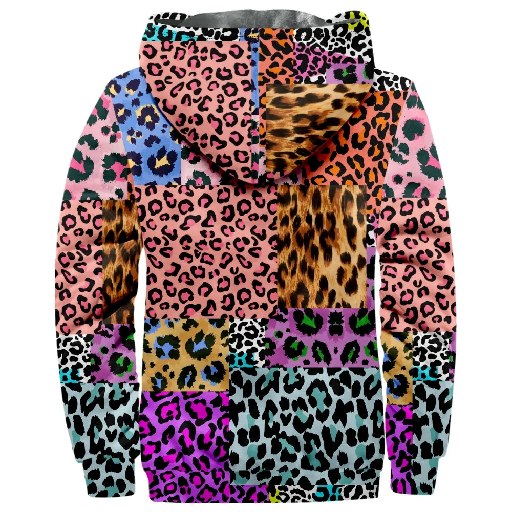 Autumn Winter Fleece Zip Up Hoodies Original Leopard Patchwork Digital Print Men Parka Coat Jackets Outerwear Sweatshirts Street