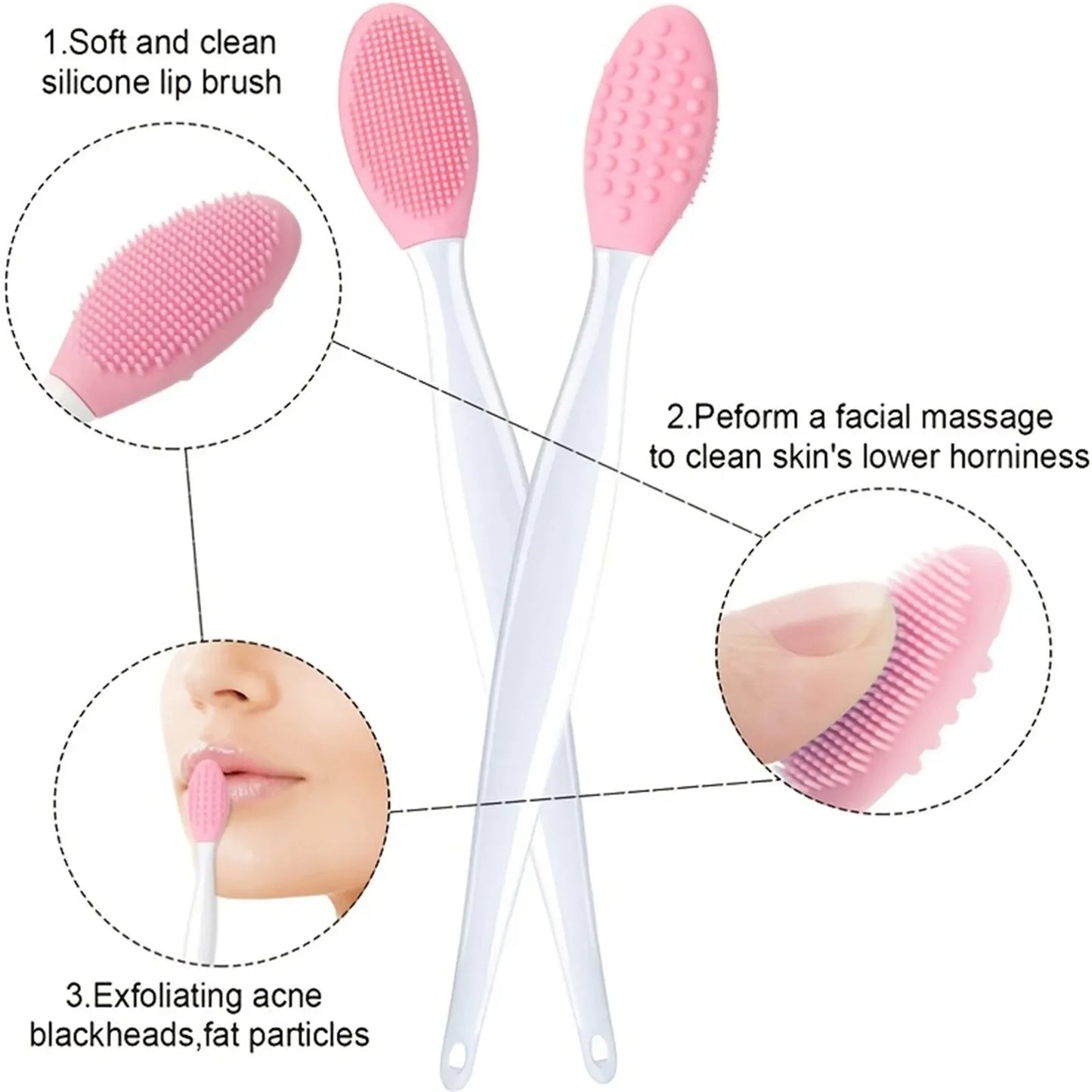 2pc Skin Care Lip Exfoliating Facial Cleansing Face Scrub Nose Clean Brush Blackhead Remove Silicone Double-Sided Skin Care Tool