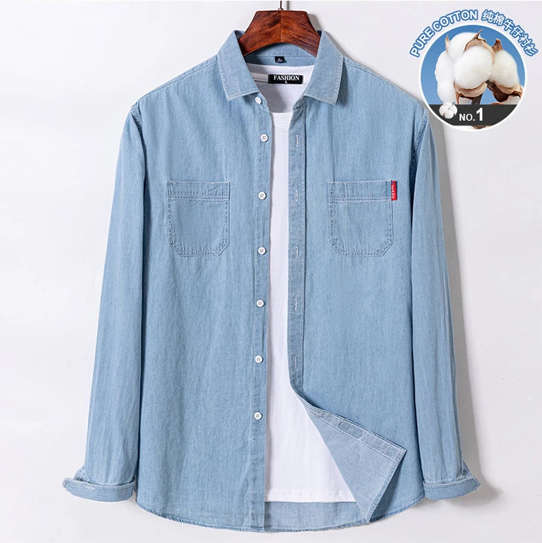 2023 Spring and Autumn Enzyme Washed Men's Long Sleeve Denim Shirt Pure Cotton Casual Fashion Outerwear Versatile Men's Clothing