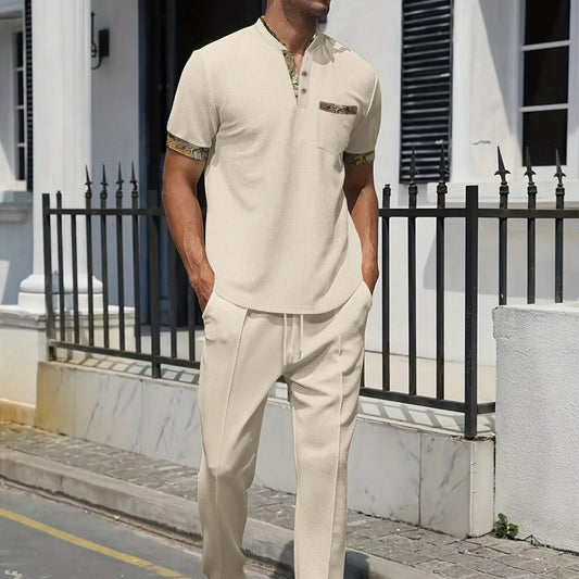 Men's Light Luxury Polo Shirt Set Summer Men's Stand up Collar Button Pocket Waffle Short Sleeve T-shirt Sports Trend Men's Set