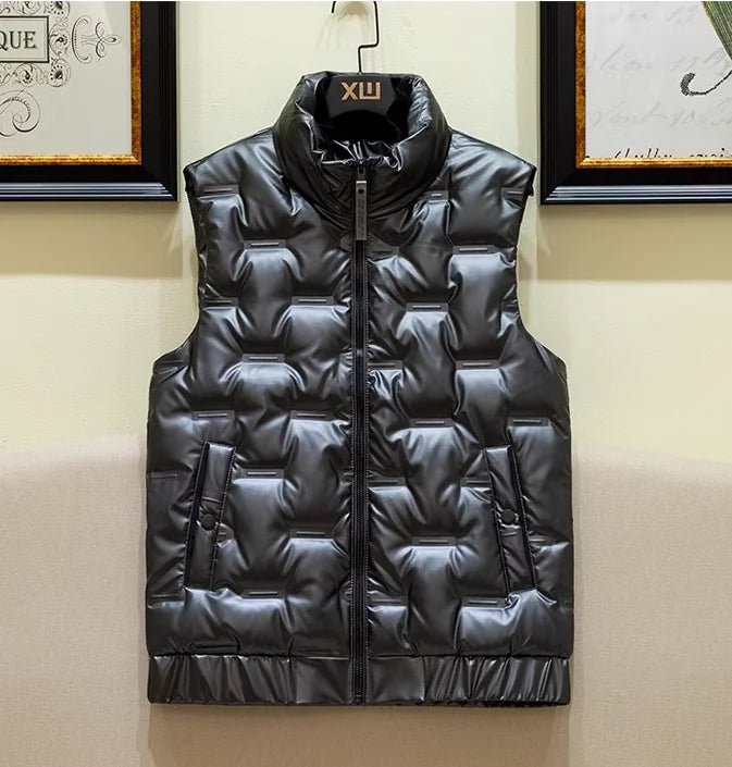 Black Men's Standing Collar Sleeveless Vest Coat, Winter Fashion Casual Waterproof Thick Jacket,Silver Windproof Waistcoat