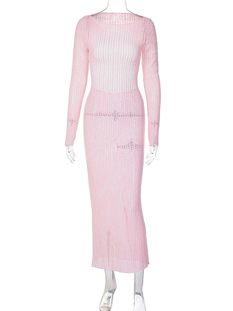 Hawthaw Women 2023 Autumn Winter Long Sleeve Streetwear Knitted Vacation Bodycon Pink Long Dress Wholesale Items For Business