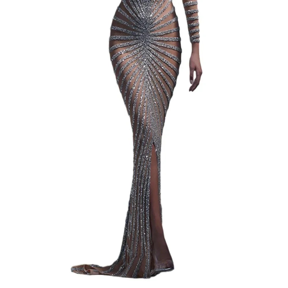 2024 New Spring Fashionable Embellished Women's Mesh Dress Long Sleeve Side Slit Long Dress For Women