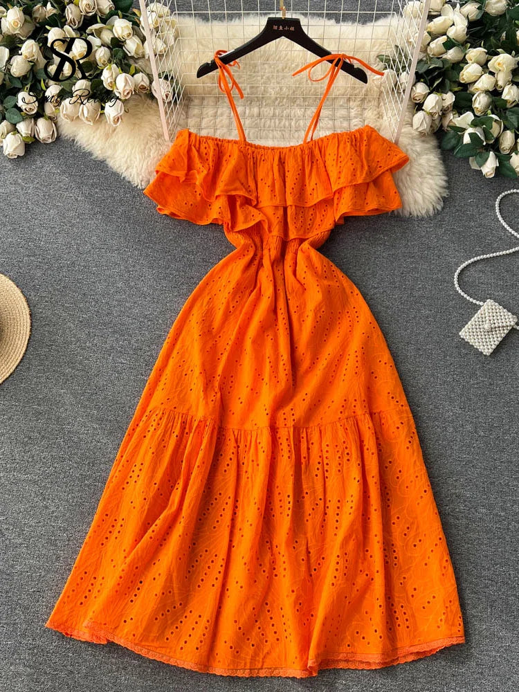 SINGREINY High Street Cotton Embroidery Long Dress Women Hollow Out Backless Beach Sundress Fashion Off the Shoulder Sexy Dress