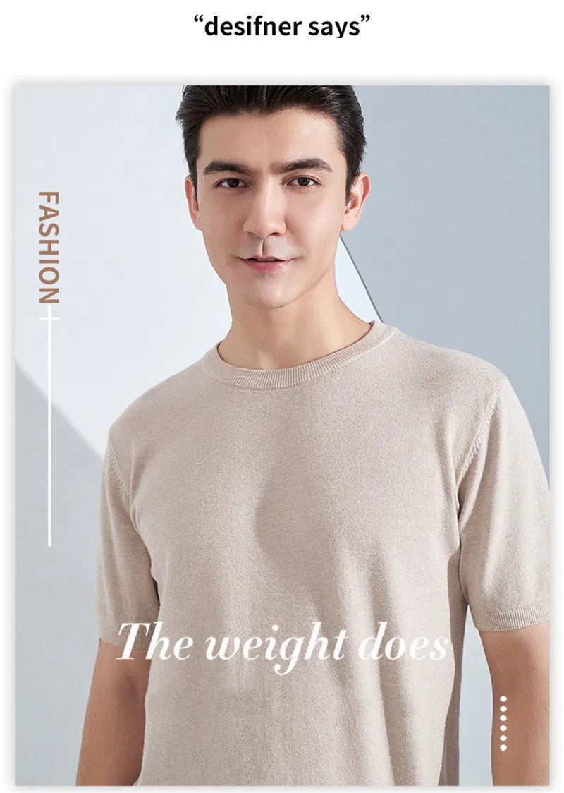 Superfine Merino Cashmere Knitted O-neck T-shirt for Men's Clothing Short Sleeve Tee Solid Color Trend Leisure Tee Tops ﻿