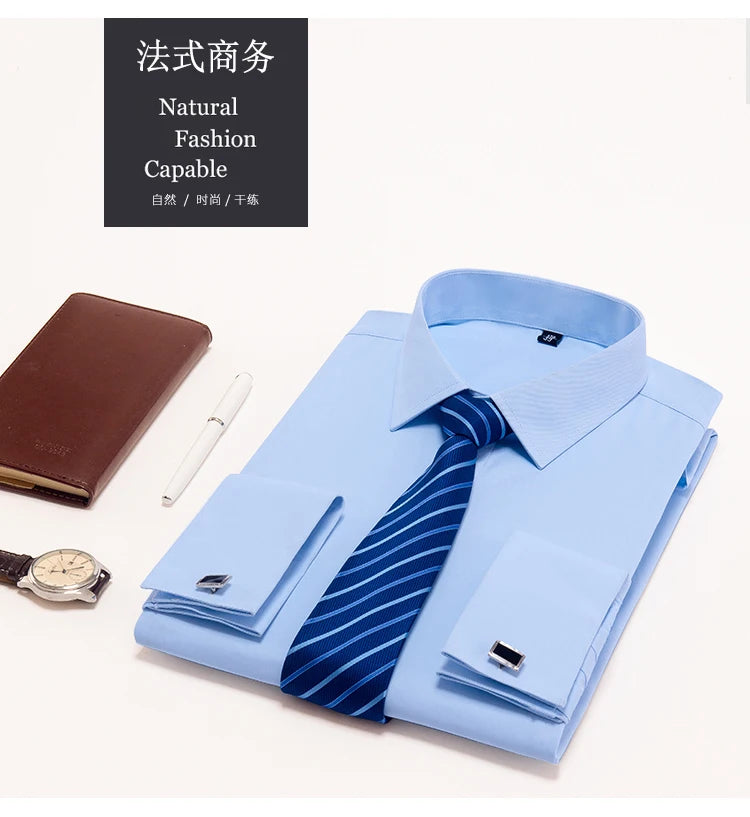 Men's French Cuffs Dress Shirt Long Sleeve Fit Elegant Gentleman Romantic Wedding Party Business Fashion White Shirts