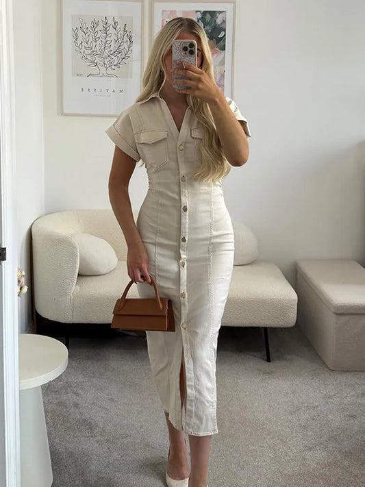 Sexy V-neck Denim Dresses 2025 Women's Spring Fashion Slim Long Dress Chic Short Sleeves Single Button High Street Lady New Robe