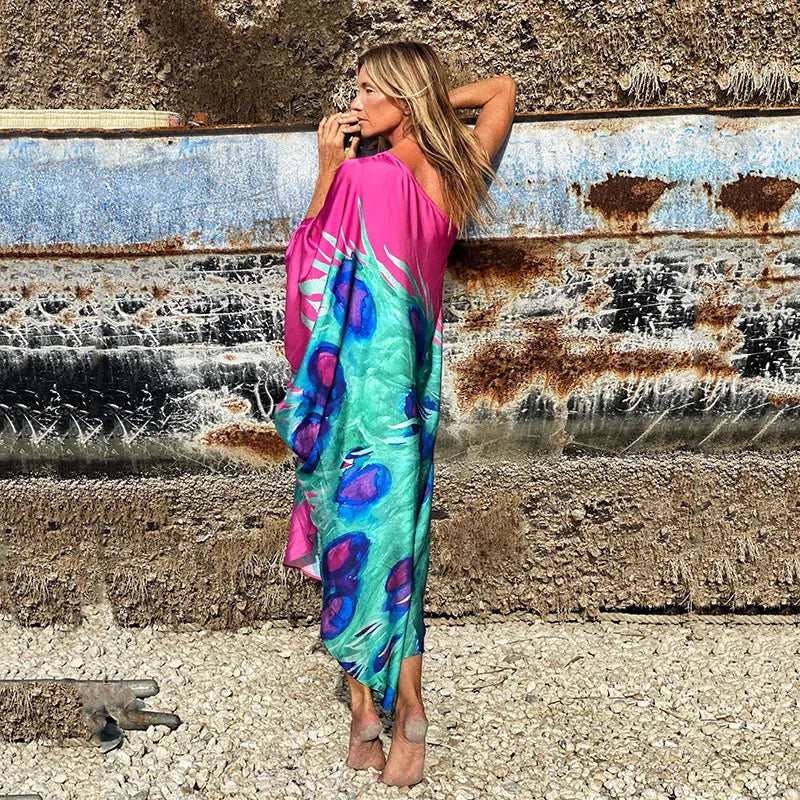Color Butterfly Print One Shoulder Sleeve Dresses Women Sexy Off Shoulder Loose Beach Vacation Irregular Long Dress Streetwear