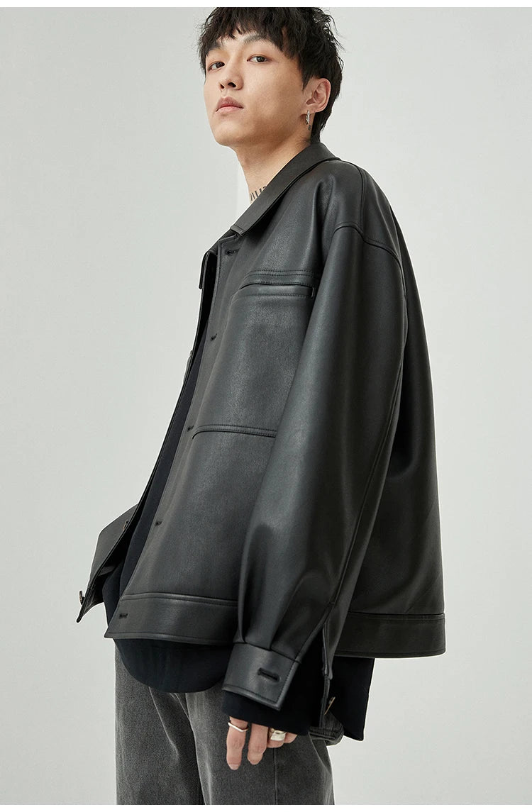 Mauroicardi Spring Autumn Short Oversized Brown Black Soft Faux Leather Jackets for Men Pockets Long Sleeve Korean Fashion 2022