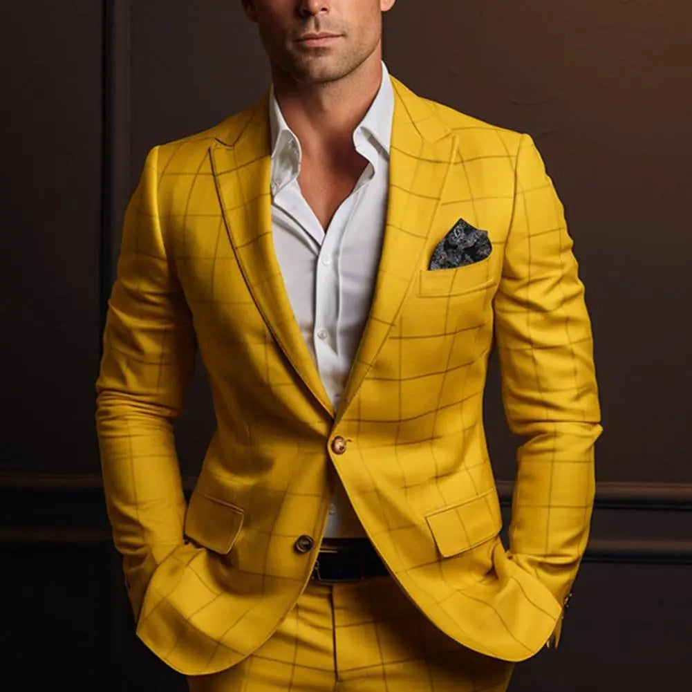Vintage Men Suit Formal Slim Fit Plaid Print Business Jacket Long Sleeve Single Button Men Office Attire Coat
