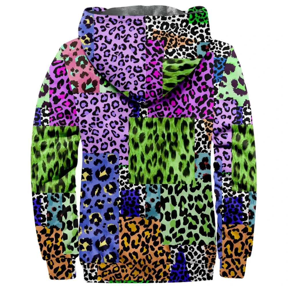 Autumn Winter Fleece Zip Up Hoodies Original Leopard Patchwork Digital Print Men Parka Coat Jackets Outerwear Sweatshirts Street