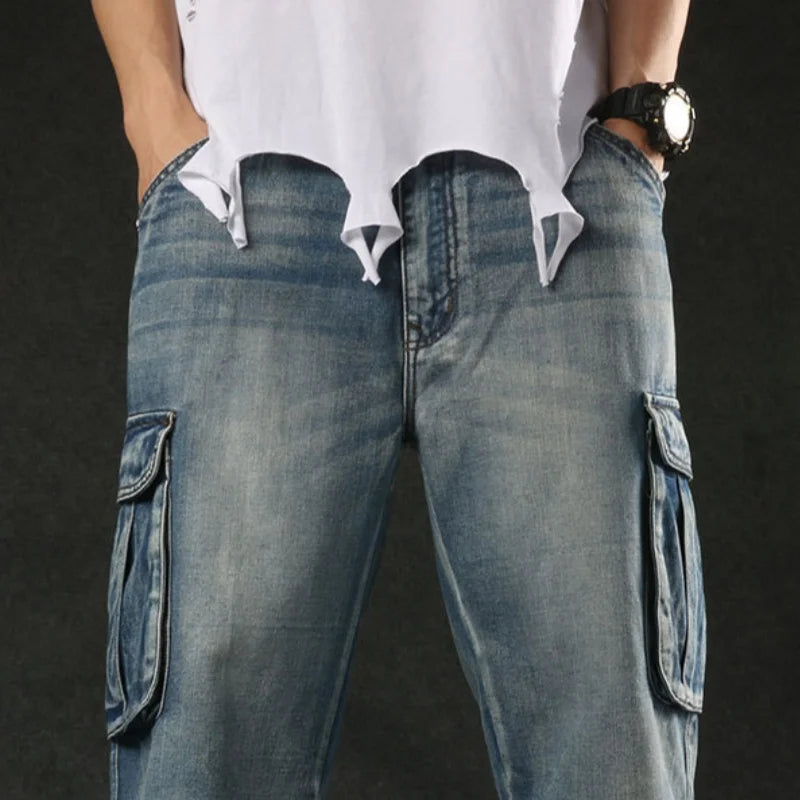 2025 new European and American multi pocket workwear seven quarter denim shorts for men with wide legs and loose denimt