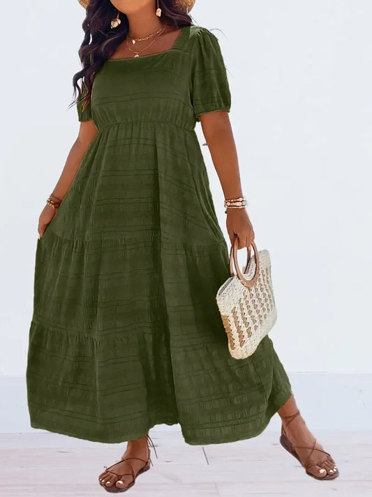 Plus Size 1XL-5XL Women's Fashionable Square Neck Solid Color Dress Ladies Casual A-line Skirt Short Sleeved Long Dress
