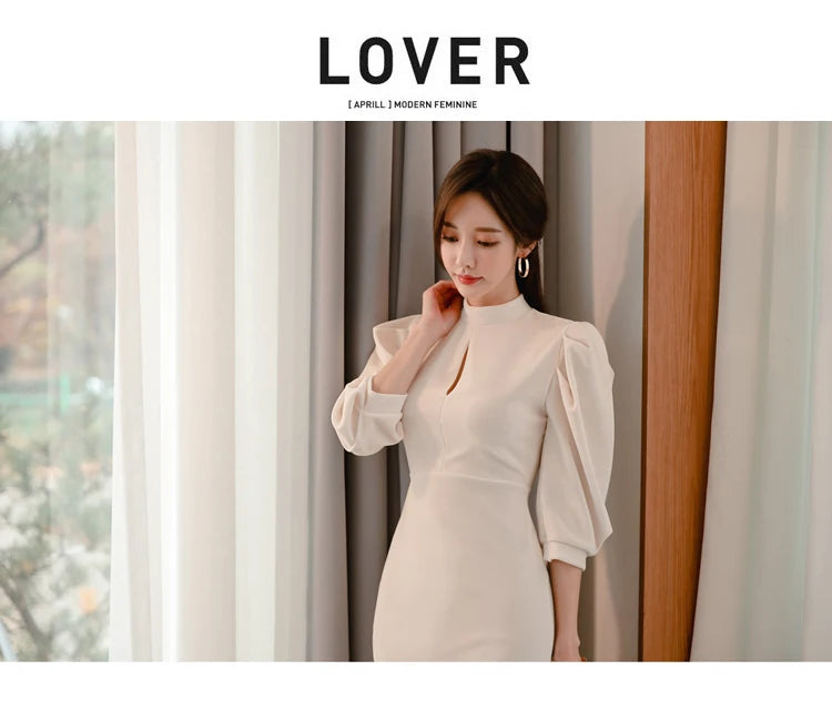 H Han Queen Hot sale Autumn Fashion Stand Collar Puff Sleeve Female Pencil bodycon Dress Slim Solid color Midi Casual Dresses
