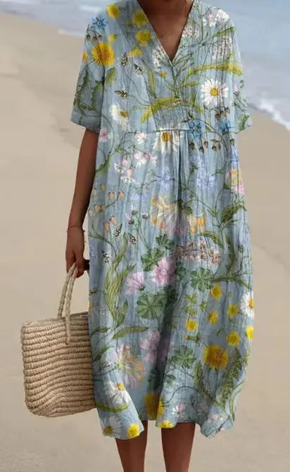 Summer Women Print Dress New Fashion V Neck Short Sleeve Loose Holiday Casual Dresses Female Beach Party Vestidos Robe Femme