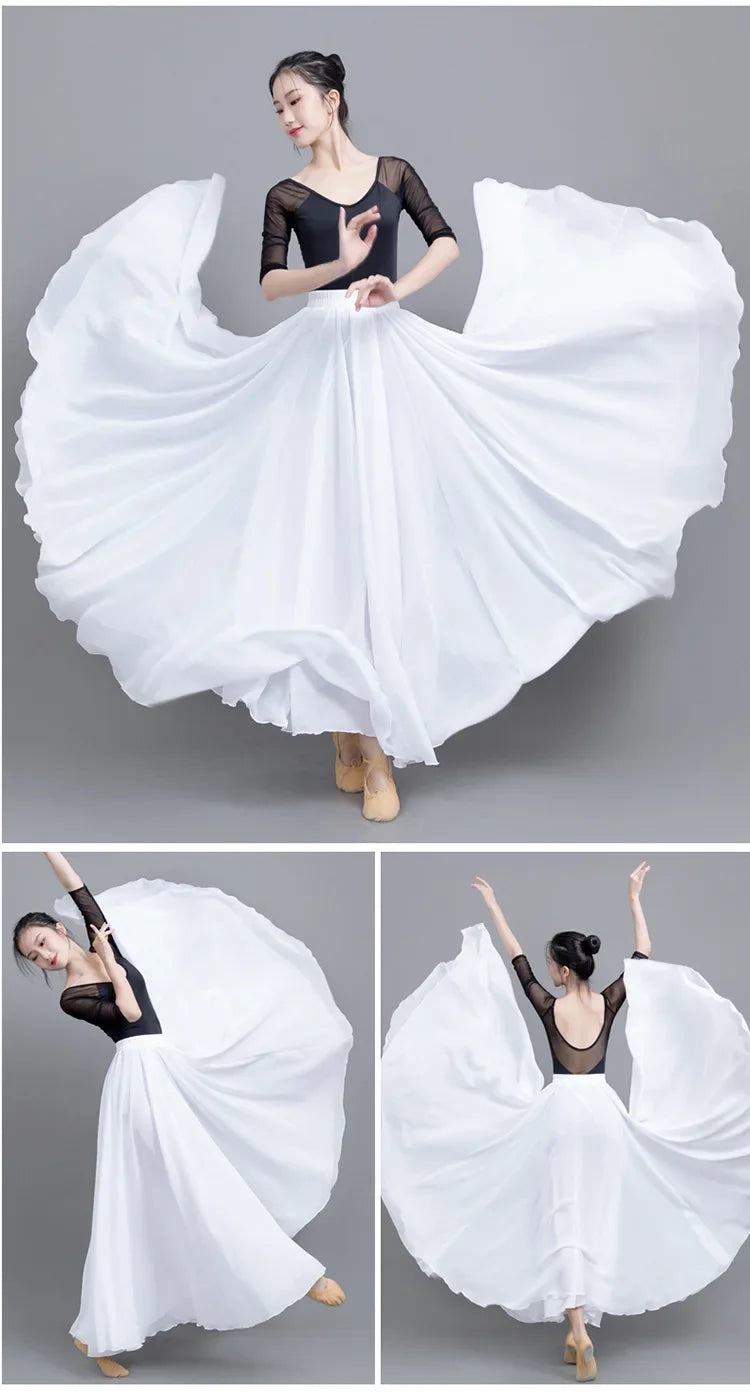 720 Degree Wide Dancing Skirt Chiffon Double Layer Semi-Long Dress Women's Solid Color Xinjiang Dance Skirt