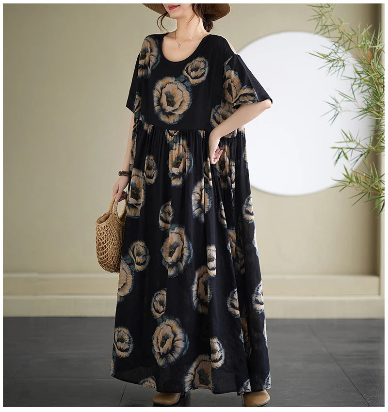 Oversized Summer Bohemian Style Long Dress Women Ruffle Pleated Fashion Flower Print Ladies Dresses Loose Casual Woman Dress
