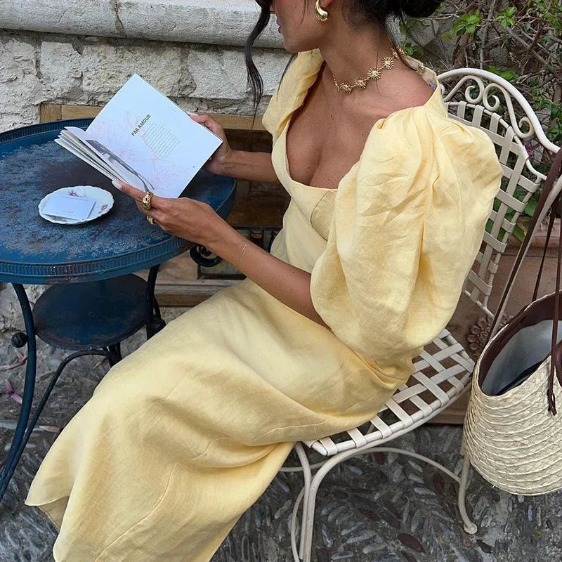 Women Sexy YellowSlash Neck Hollow Straight Show Waist Party Dresses Summer Elegant High waisted Slim Women Long Dress Vacation