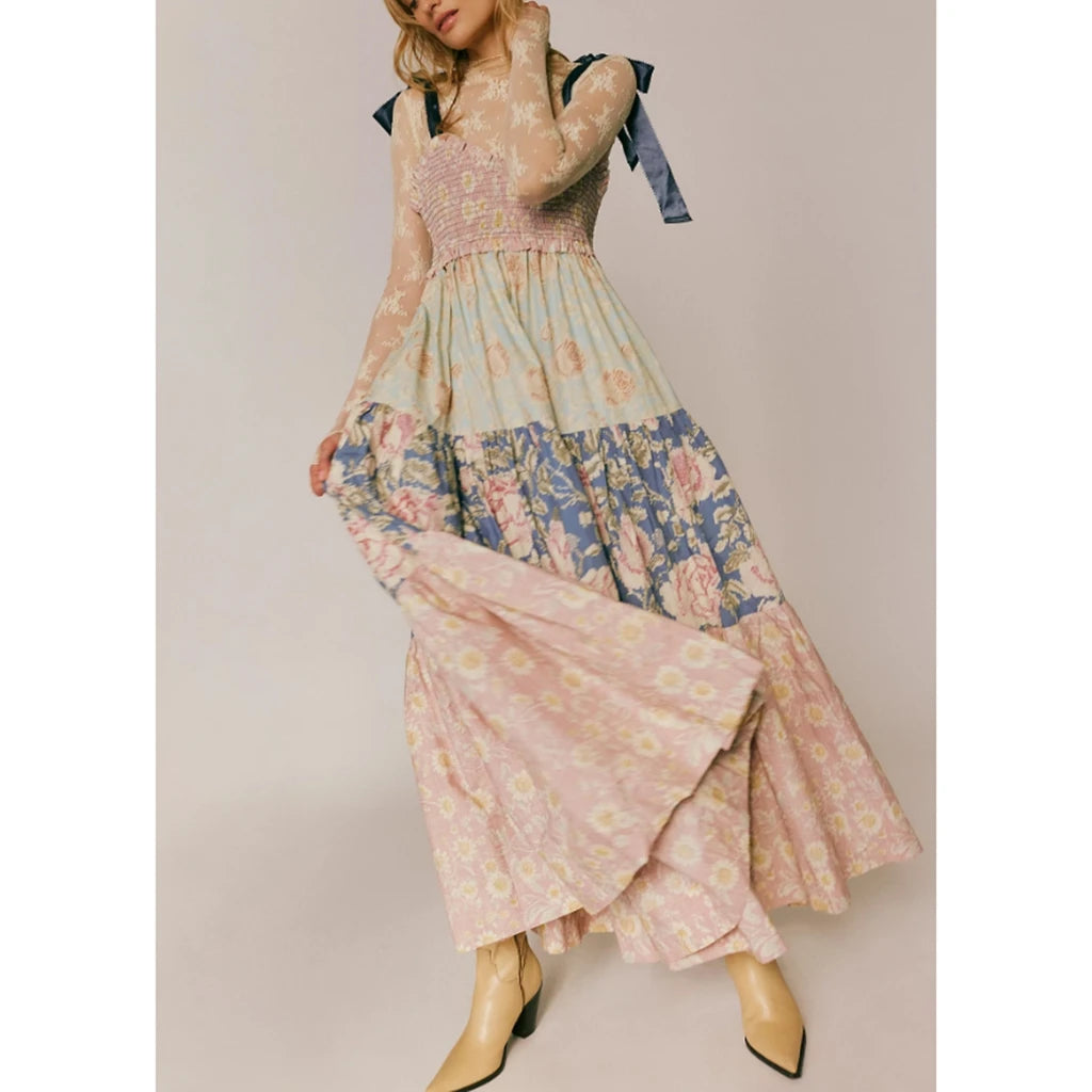 Combhasaki Women's Y2K Vintage Floral Print Ribbon Tie-Up Shoulder Straps Sleeveless V-Neck Summer Big Swing A-line Long Dress