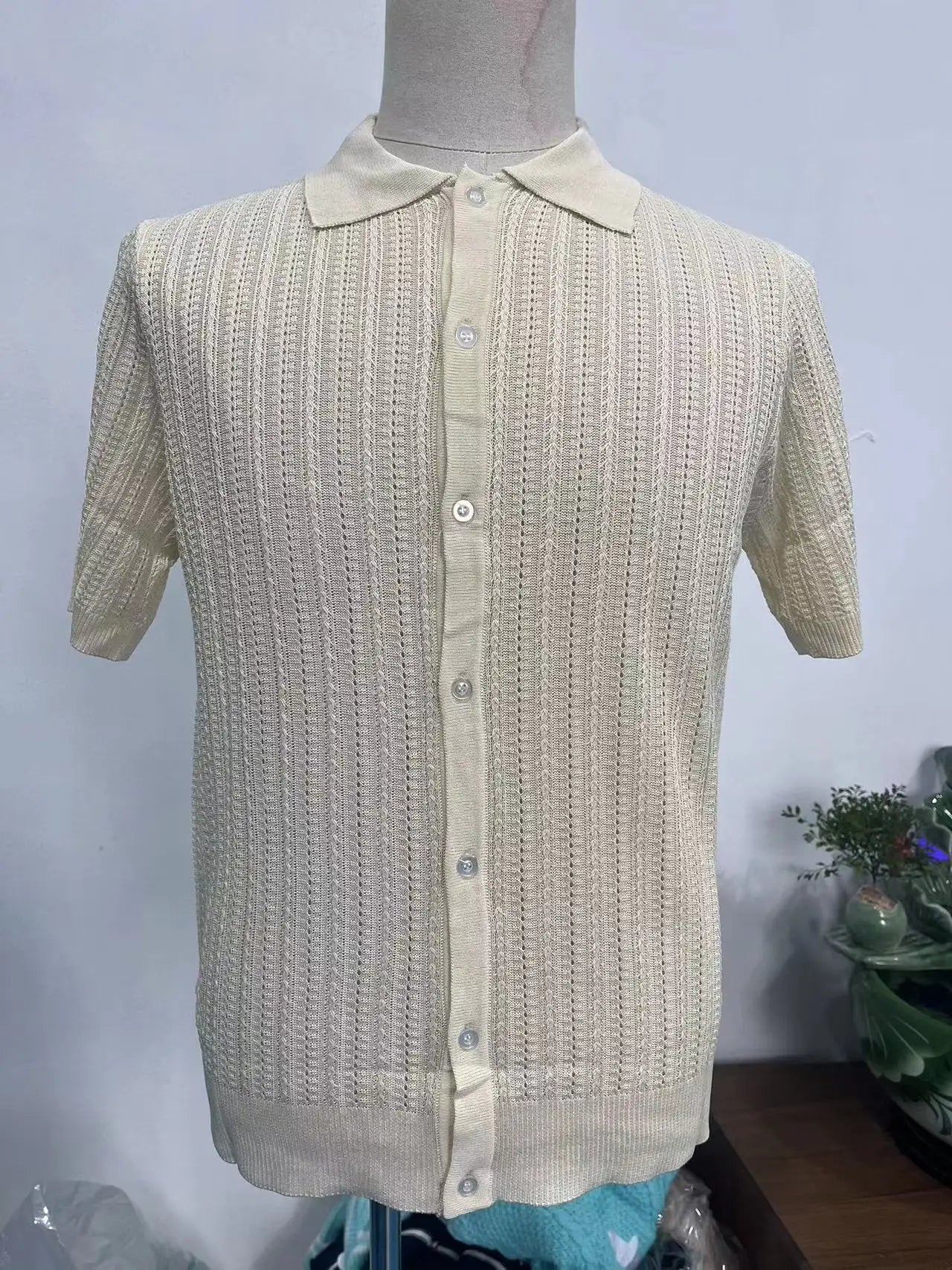 Summer Men's Casual Shirt Breathable Hollow Out Knit Shirt Short Sleeve Lapel Lightweight Top for Men European  American Loose
