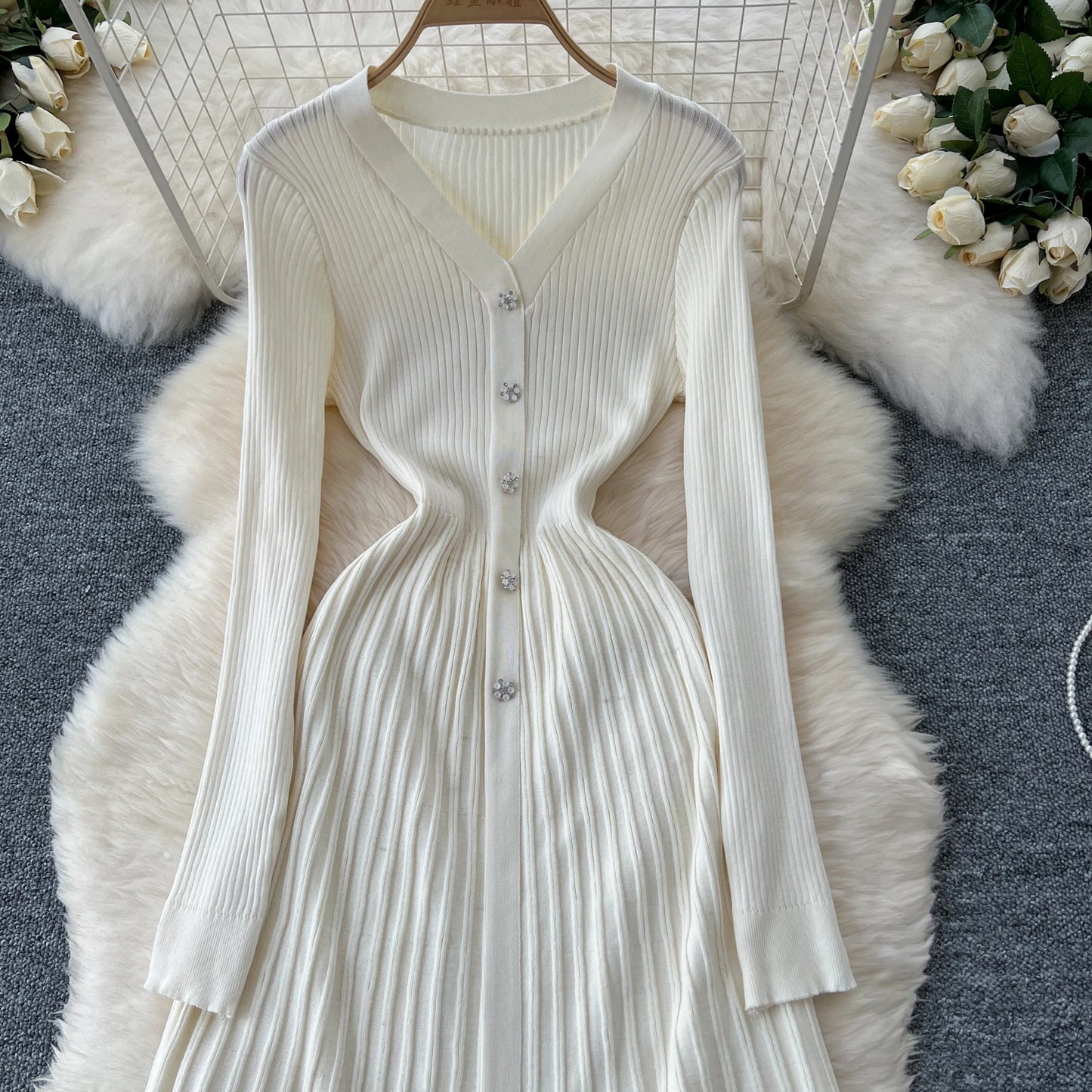 SINGREINY Autumn Knitting Sweater Dress Ladies V-Neck Single Breasted Full Sleeve Soft Slim Senior Knitted Casual Long Dress