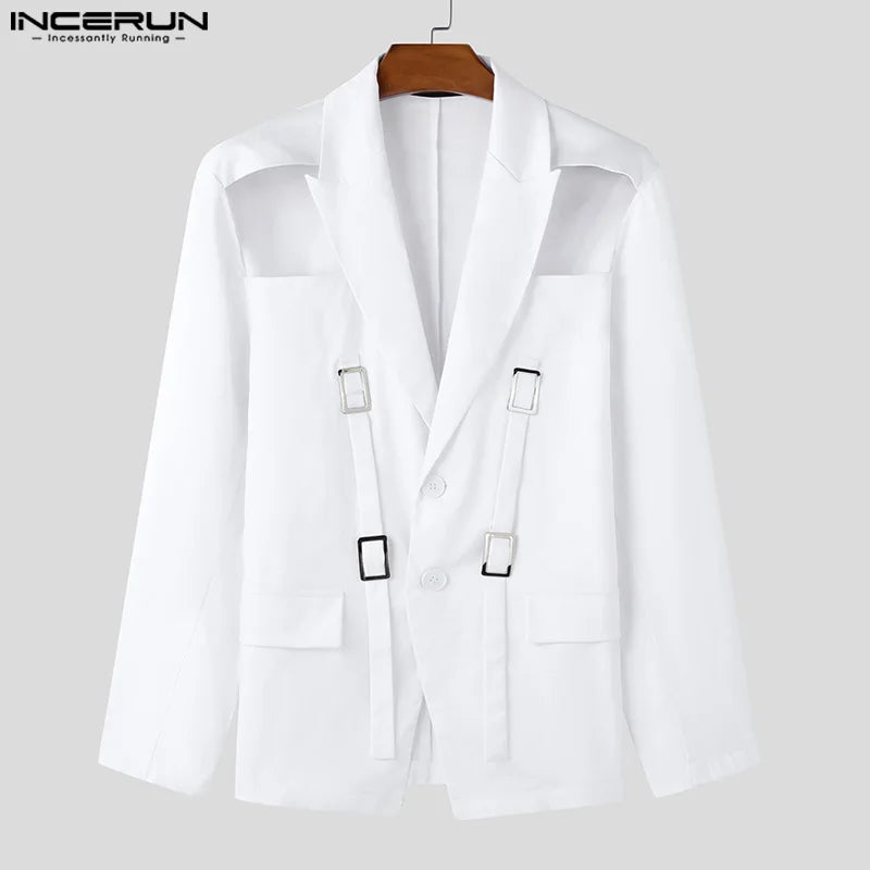 INCERUN Tops 2025 American Style Fashion Men Hollow Button Design Suit Coat Casual Streetwear Solid Long Sleeved Lace Up Blazers