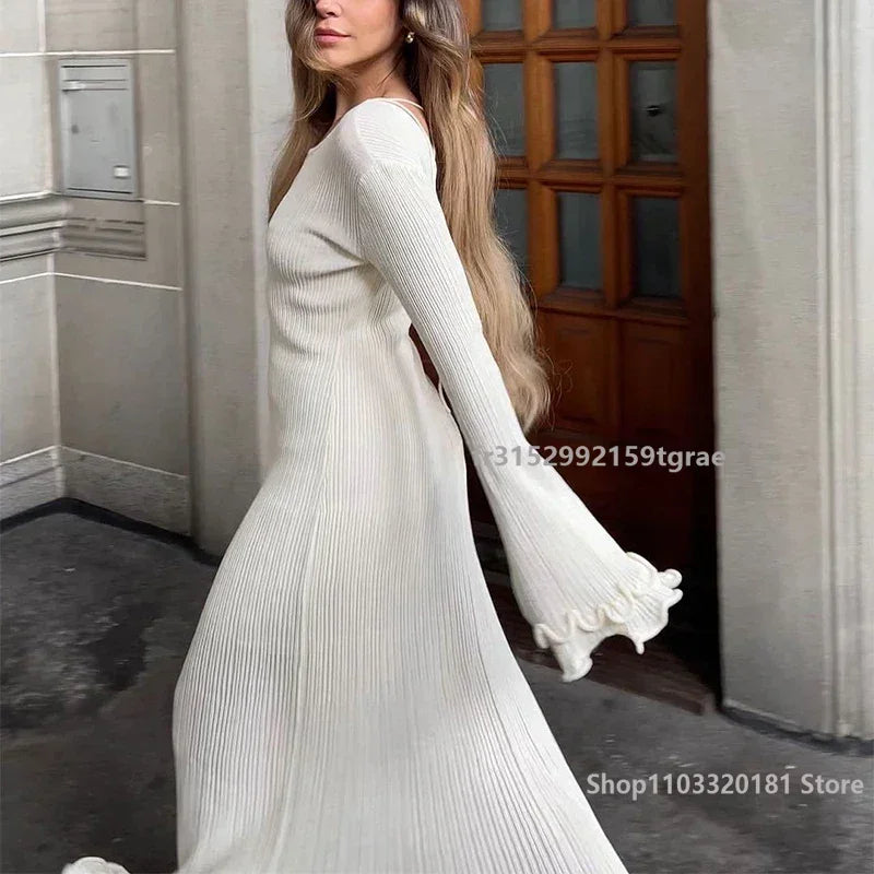 Fashion Solid Ruffles Pleated Loose Long Dress Women Elegant Round Neck Flare Long Sleeves Maxi Dresses Lady High Street Wear