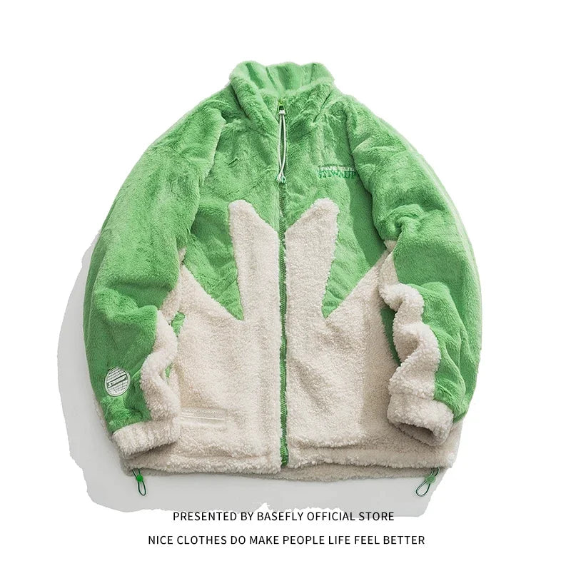 Winter Thick Warm Letter Embroid Maple Leaf Lambswool Sheep Fur Like Men Bomber Coat Unisex Women Jacket High Streetwear Couple