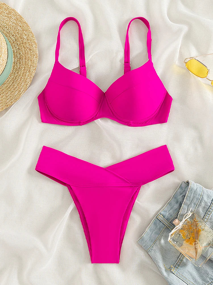 Vigoashely 2025 Sexy Pink Strapped Bikini High Waist Cut Push UP Swimsuit Women Swimwear Biquinis Backless Beach Bathing Suit
