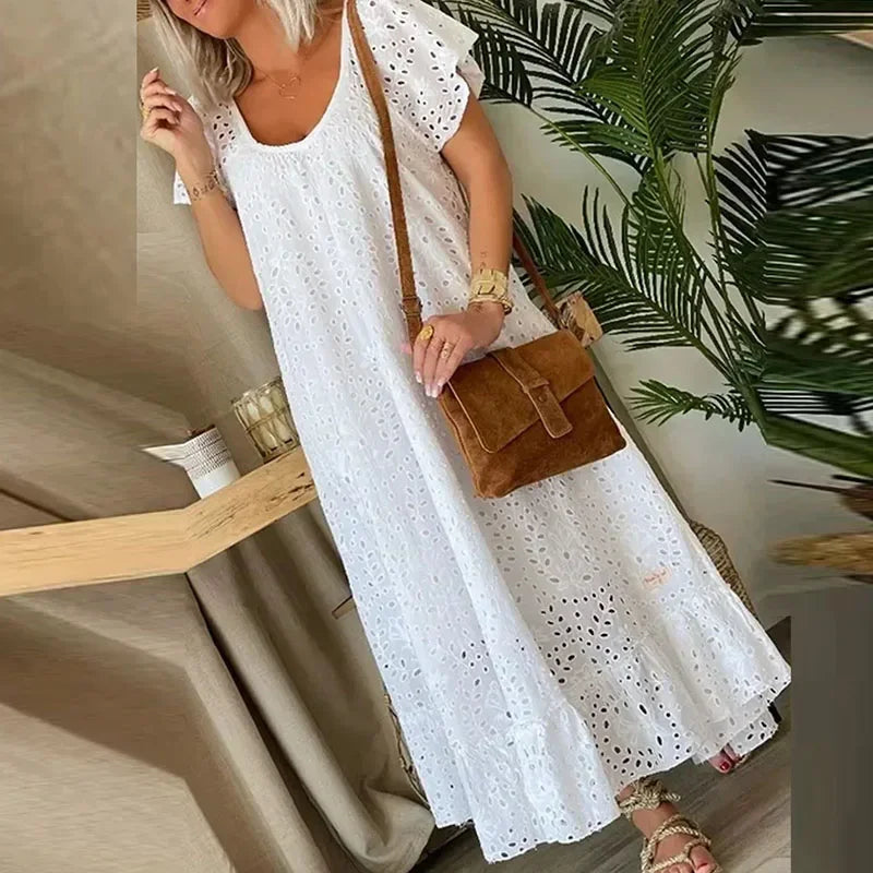 Women's Casual White Swing Party Dresses YK2 Ladies Elegant O-neck Hollow Long Dress Vestidos Summer Loose Short Sleeve Dress
