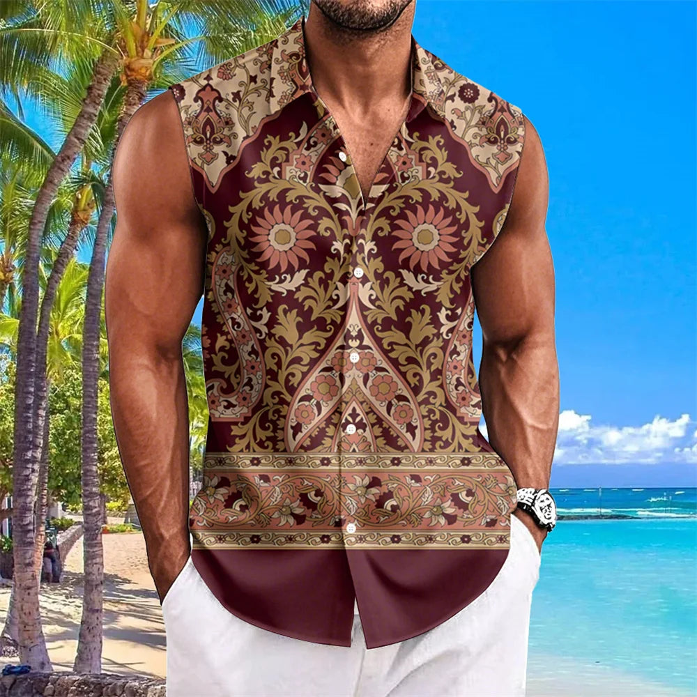 Ethnic Style Men's Shirts Cashew Flower Print Sleeveless Lapel Tops Hawaiian Shirt For Men Casual Vintage Oversized Men Clothing
