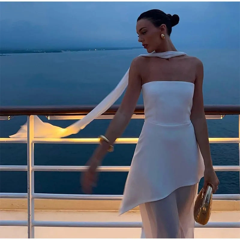 Elegant Yellow Gauze Off Shoulder Scarf Neack Long Dress Women Fashion Sleeveless A-line Vestido 2025 Summer Vocation Party Robe
