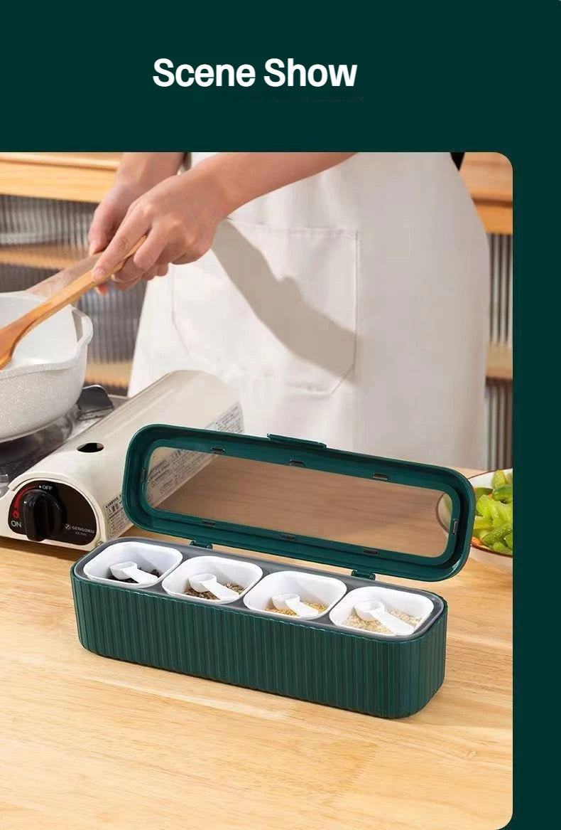 Seasoning Box, Set of 4 Crystal Seasoning Storage Container with Spoon Seasoning Rack Spice Pots for Pepper Spice Kitchen tools