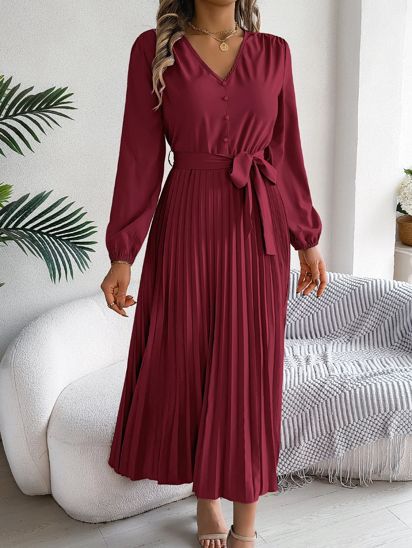 Autumn Winter Elegant V-Neck Button Belt Long Sleeved Solid Color Pleated Long Dress For Women Dresses