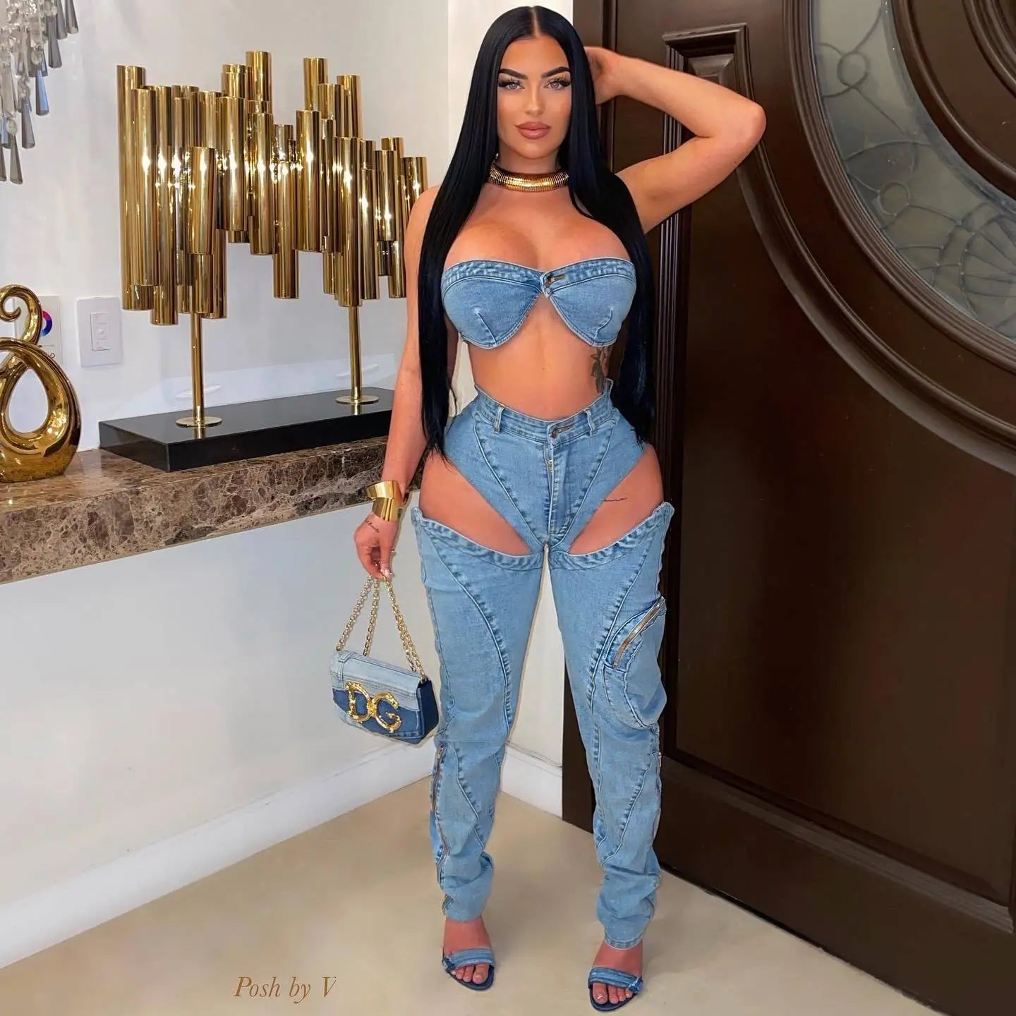 Sexy Denim Bikini Tops Two Piece Sets Matching Outfits 2024 Y2K Streetwear Women Pencil Denim Jean Pant Summer 2 Piece Sets