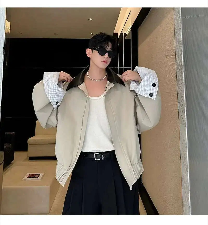 LUZHEN 2025 Spring Design Leather Collar Trendy Jacket Personalized Handsome Trendy Classy Versatile Color Contrast Tops LZ8146