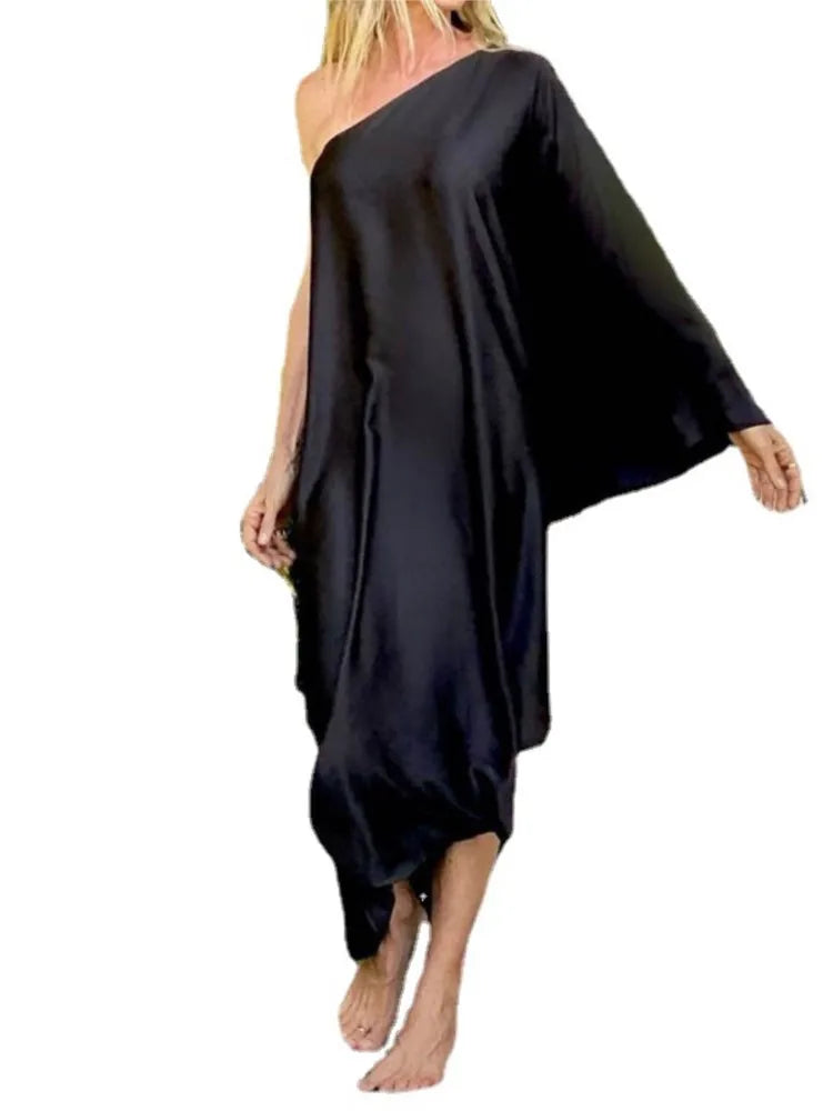 Color Butterfly Print One Shoulder Sleeve Dresses Women Sexy Off Shoulder Loose Beach Vacation Irregular Long Dress Streetwear