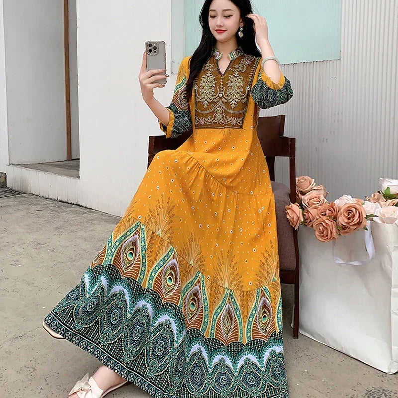 Summer Autumn Robe Maxi Long Dress Women Indian Clothes Boho Cotton Print Floral Boho Korean Style Fashion Casual Vestido Largos