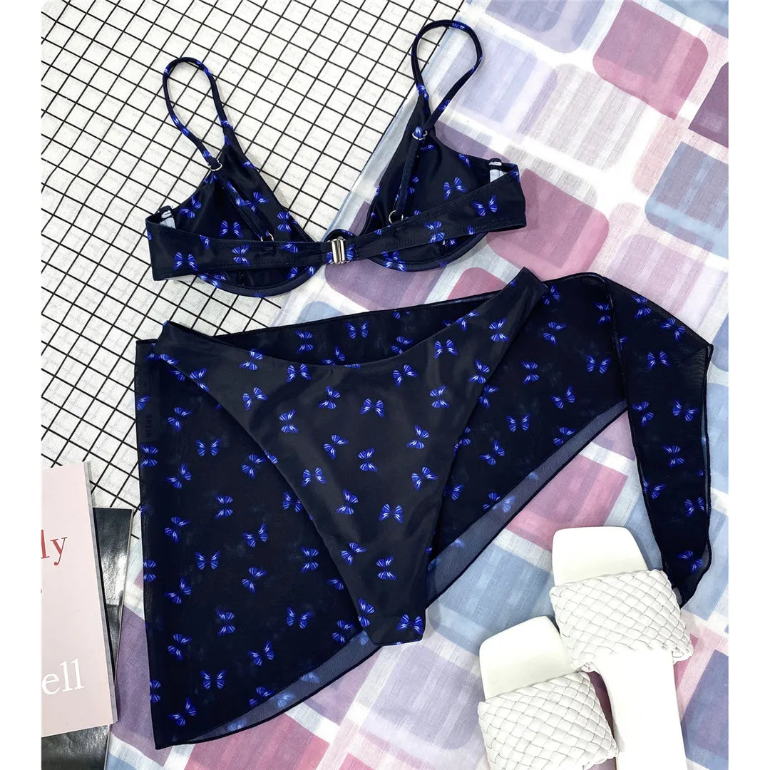 Butterfly V-bar Underwire Bikini Female Swimsuit Women Swimwear Three-pieces Bikini set Sarong Bather Bathing Suit Swim V3025