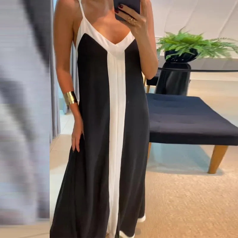 Women Casual V Neck Long Dress Summer Chic Stitching Color Loose Hem Dresses Elegant 2024 Backless Sleeveless Sling Maxi Dresses