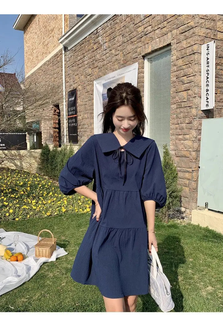 Vintage Pleated Lacing Loose Mini Dress Summer New Half Sleeve Solid Color Sweet Casual Dresses Fashion Korean Women Clothing