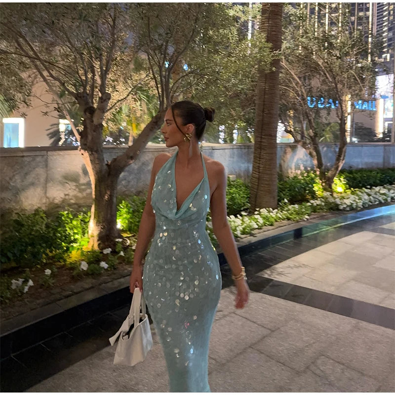 Elegant Sequin Halter Long Dress Women Sexy Bule Backless Sleeveless Slim Asymmetrical Beach Dresses Lady Chic Party Holiday