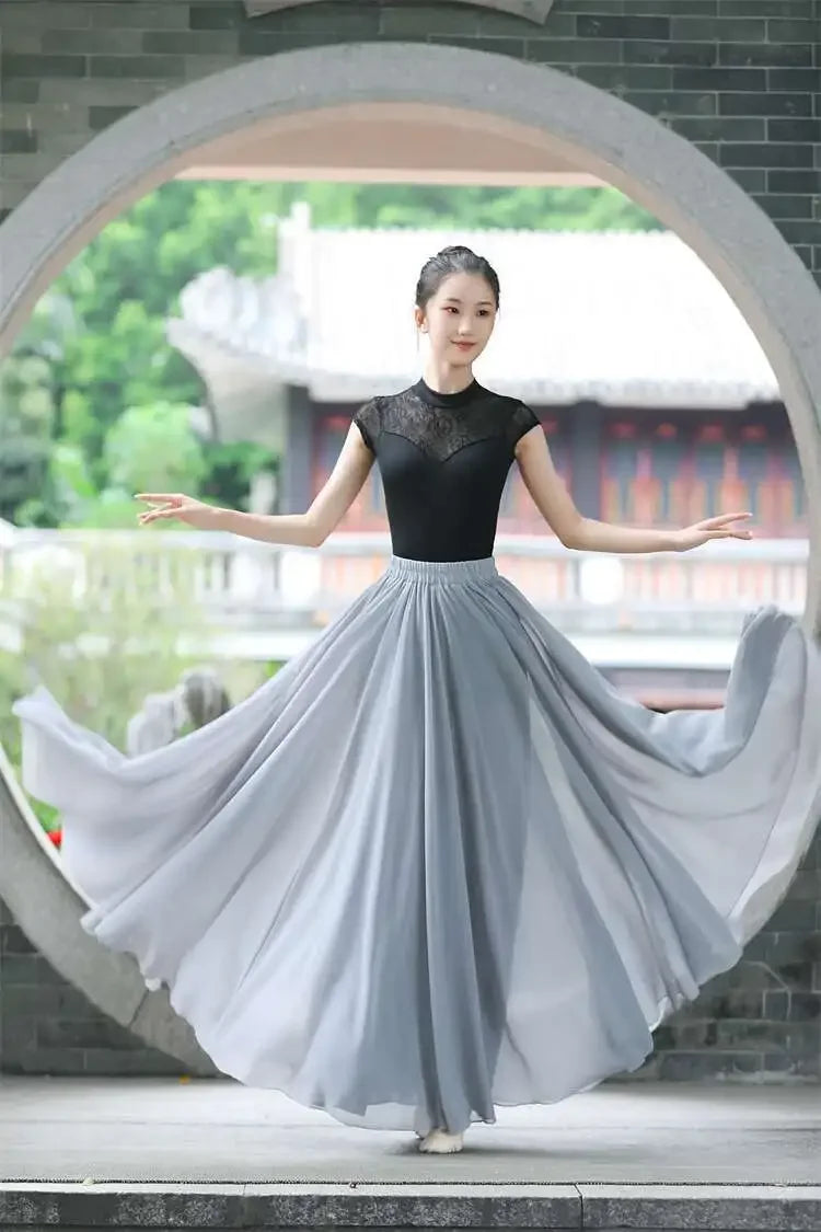 720 Degree Wide Dancing Skirt Chiffon Double Layer Semi-Long Dress Women's Solid Color Xinjiang Dance Skirt