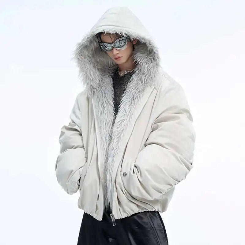 LUZHEN Winter Hooded Cotton Coat Casual Solid Color Faux Fur Patchwork Design Personalized Warm Short Baseball Jacket Men LZ7041